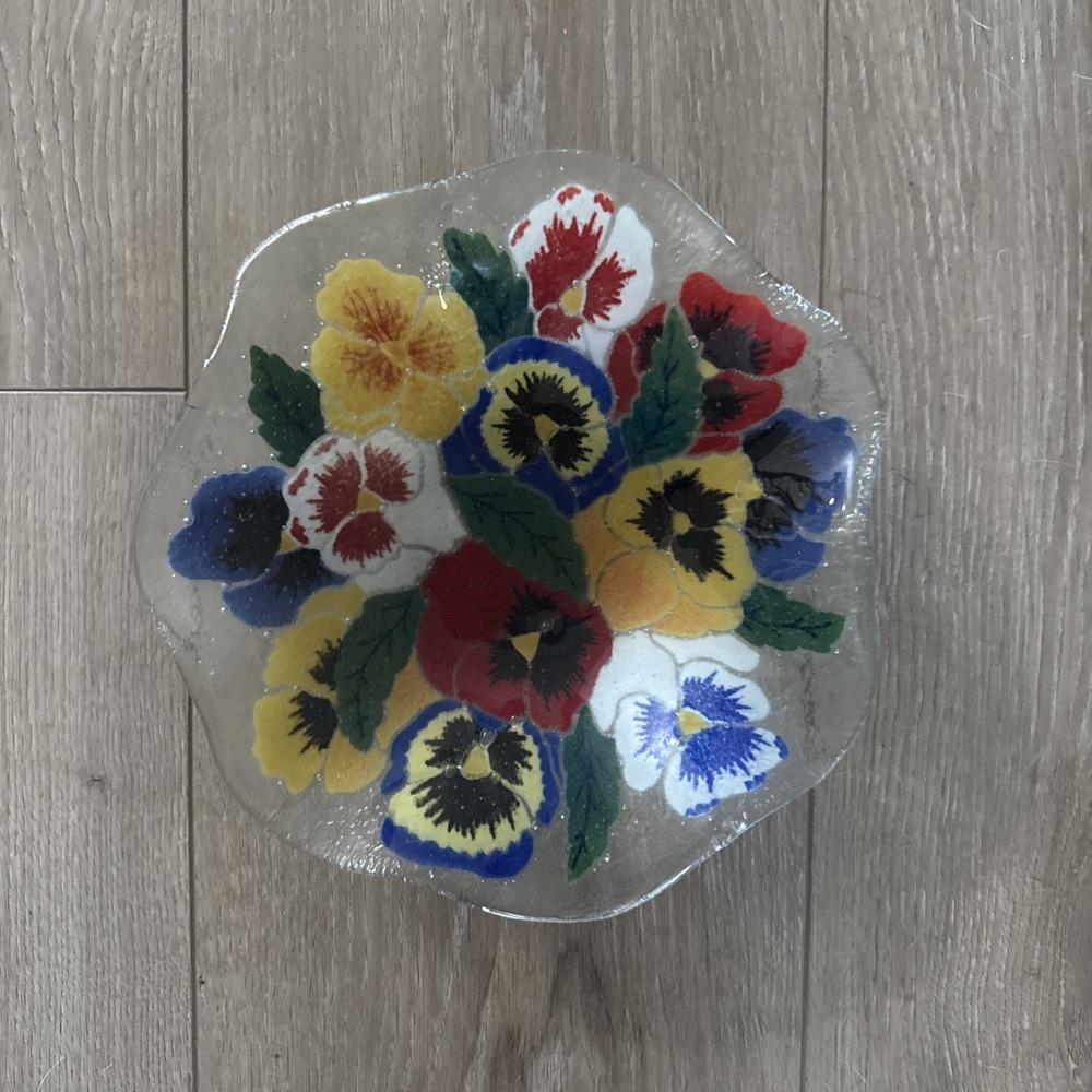 Vintage Peggy Karr USA Studio Art Glass Molded Pansy Glass Bowl‎ Dish 8"